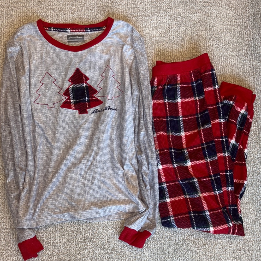 Eddie Bauer Kids Gray and Red Plaid Pajama Set